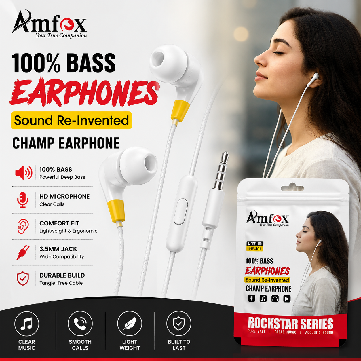 Amfox HF-101 Wired Earphones with Mic | Deep Bass Stereo Sound | 3.5mm Jack | In-Line Mic & Music Control | Noise Isolating In-Ear Earbuds | Universal Compatibility | White