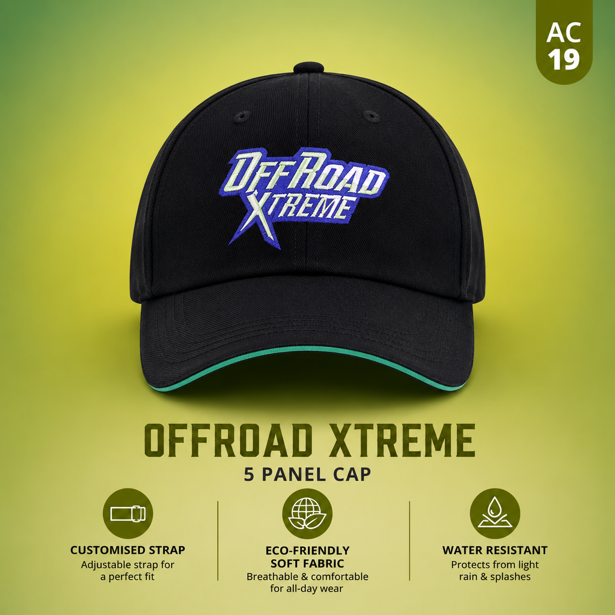 OffRoad Xtreme 5 Panel Baseball Cap | Polyester Cotton Fabric | Adjustable Strap | Black