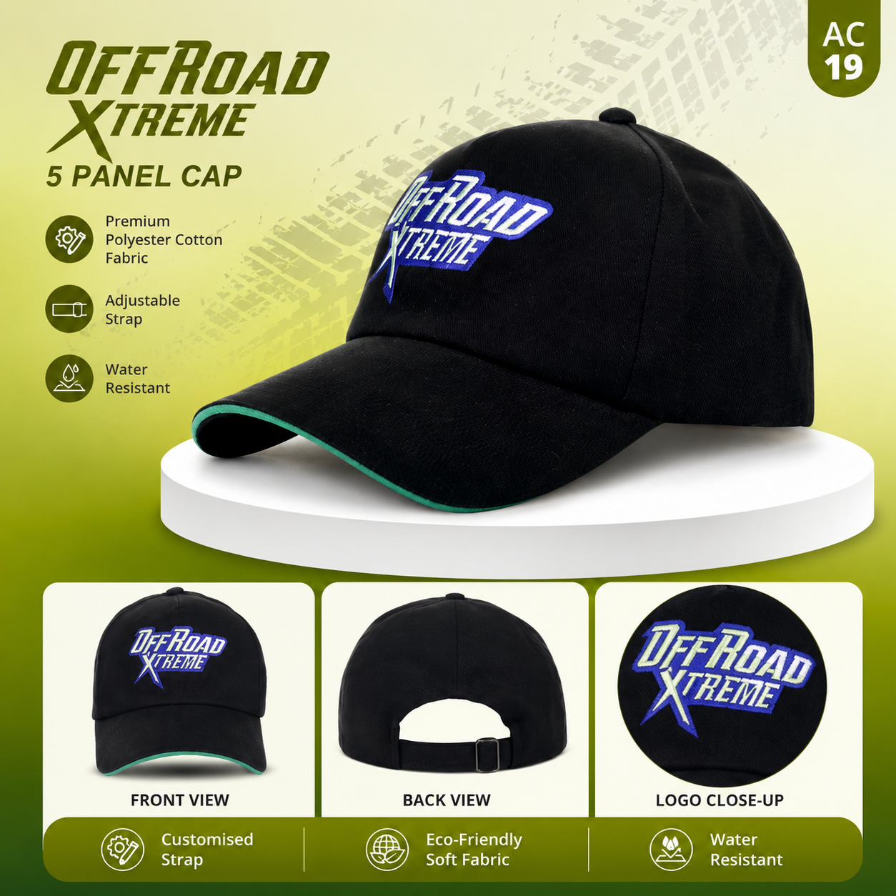 OffRoad Xtreme 5 Panel Baseball Cap | Polyester Cotton Fabric | Adjustable Strap | Black