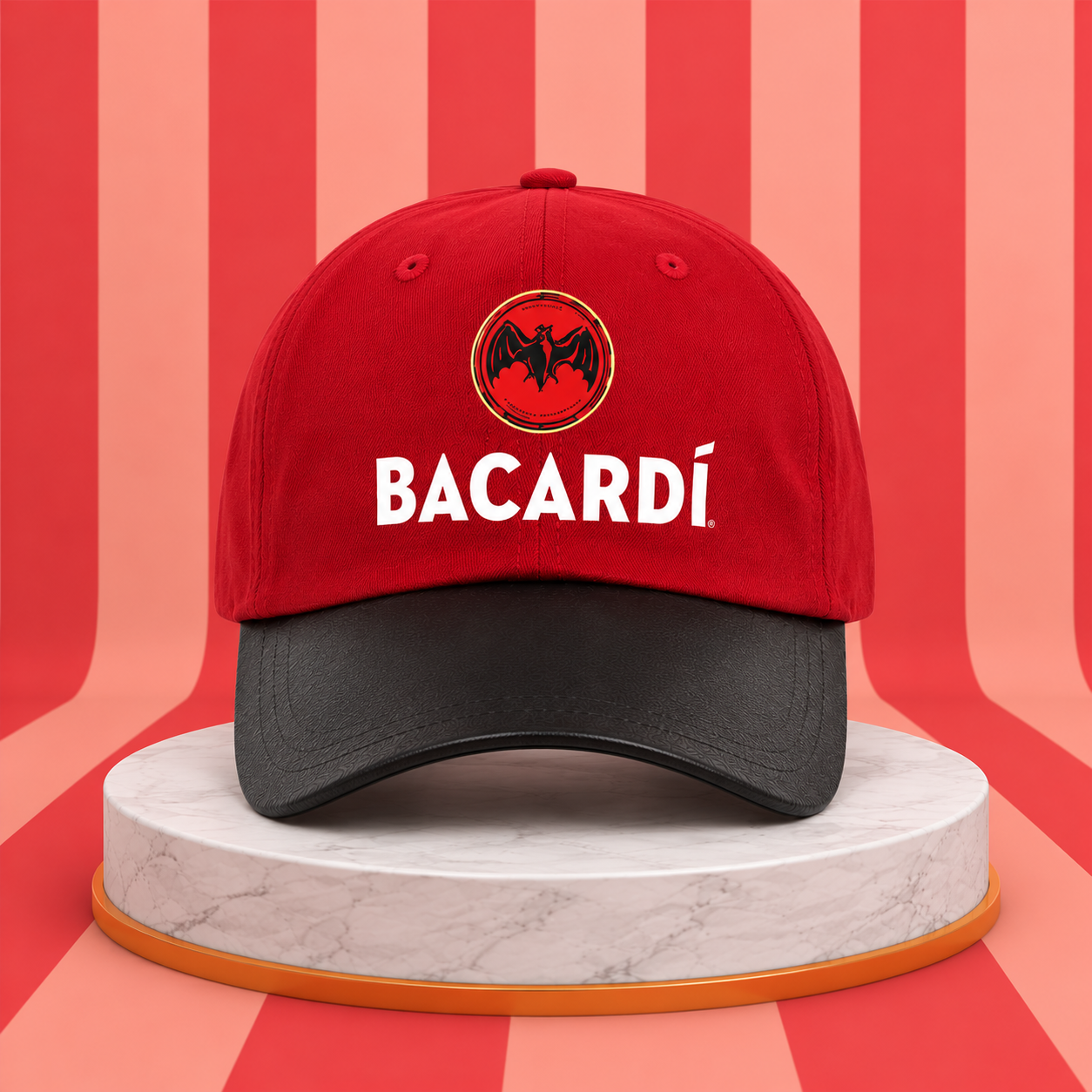 Bacardi 5 Panel Baseball Cap | PU Leather Visor | Adjustable Strap | Red & Black
