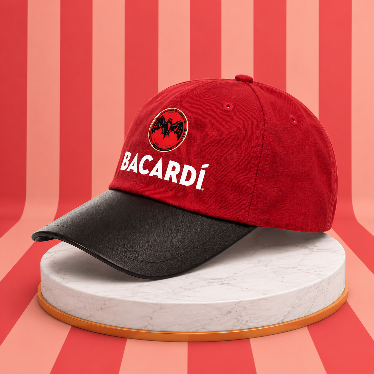 Bacardi 5 Panel Baseball Cap | PU Leather Visor | Adjustable Strap | Red & Black