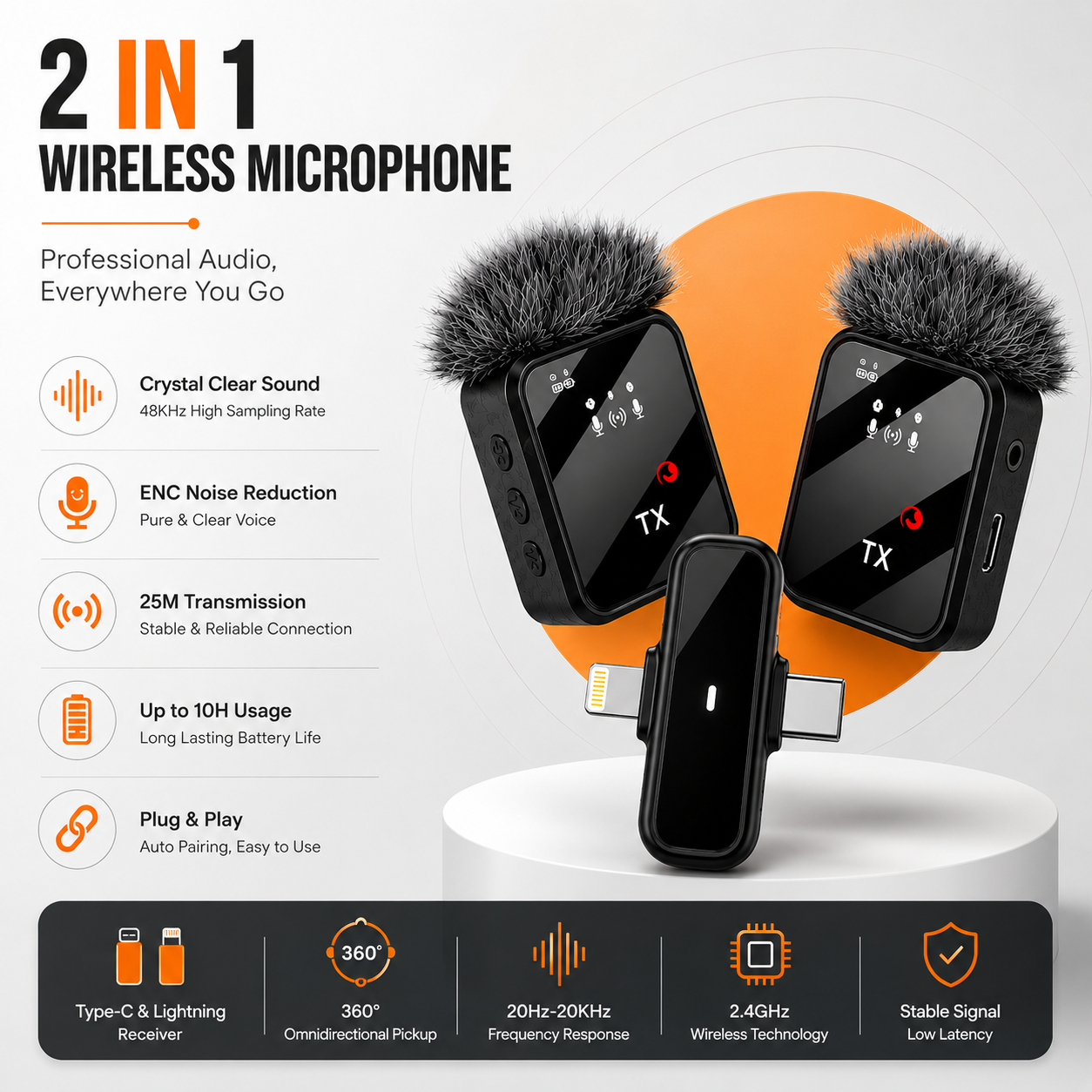 Amfox AM-21 2-in-1 Wireless Microphone | Type-C & Lightning | 25m Range | ENC Noise Reduction