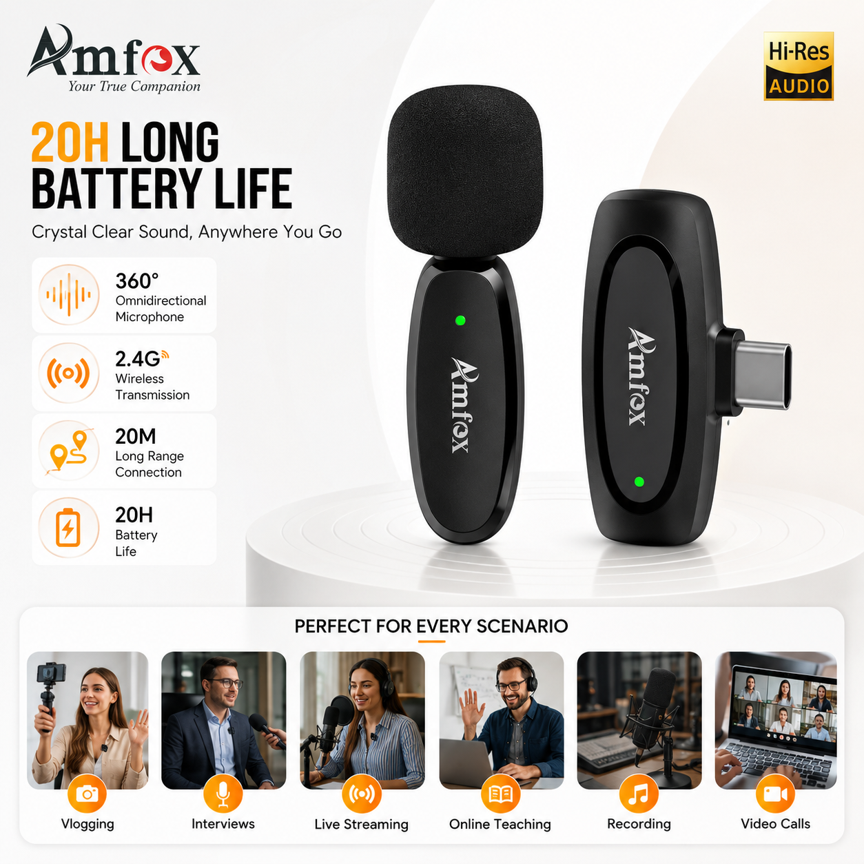 Amfox AM-22 Wireless Microphone | 20H Battery | Type-C | 20m Range | Hi-Res Audio