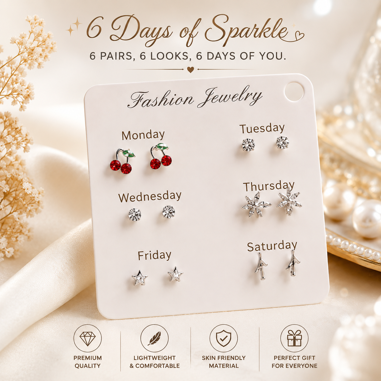 Jazz & Sizzle 6 Pair Stud Earrings Combo Set for Women & Girls