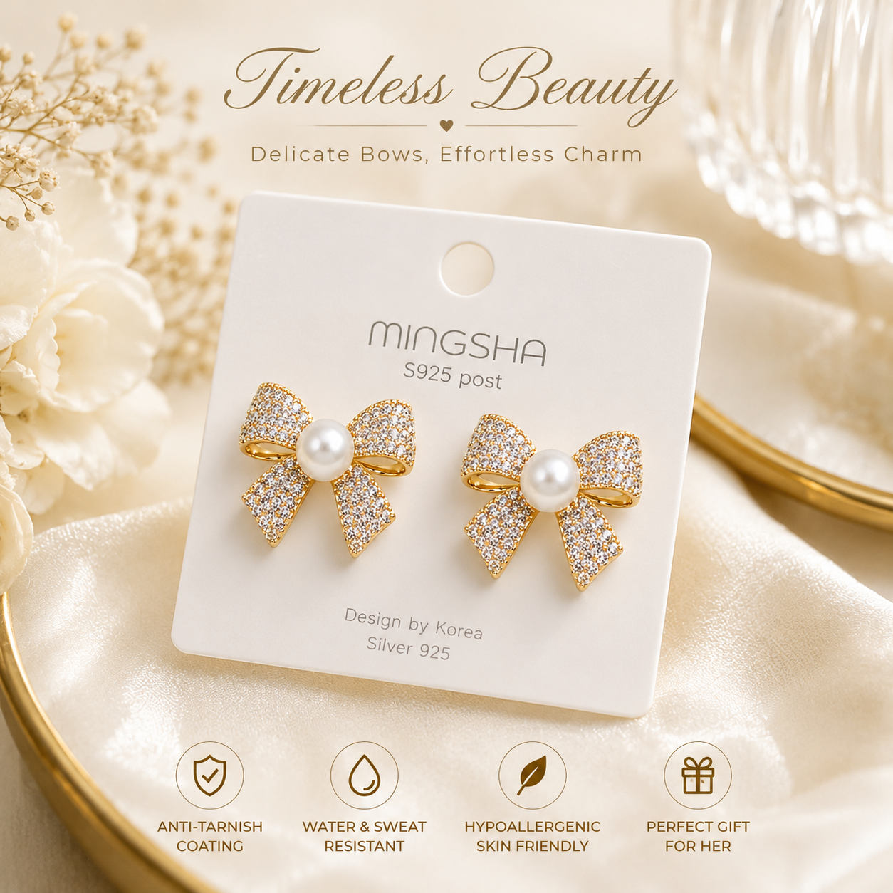 Jazz & Sizzle Gold Plated Pearl Bow Stud Earrings for Women & Girls