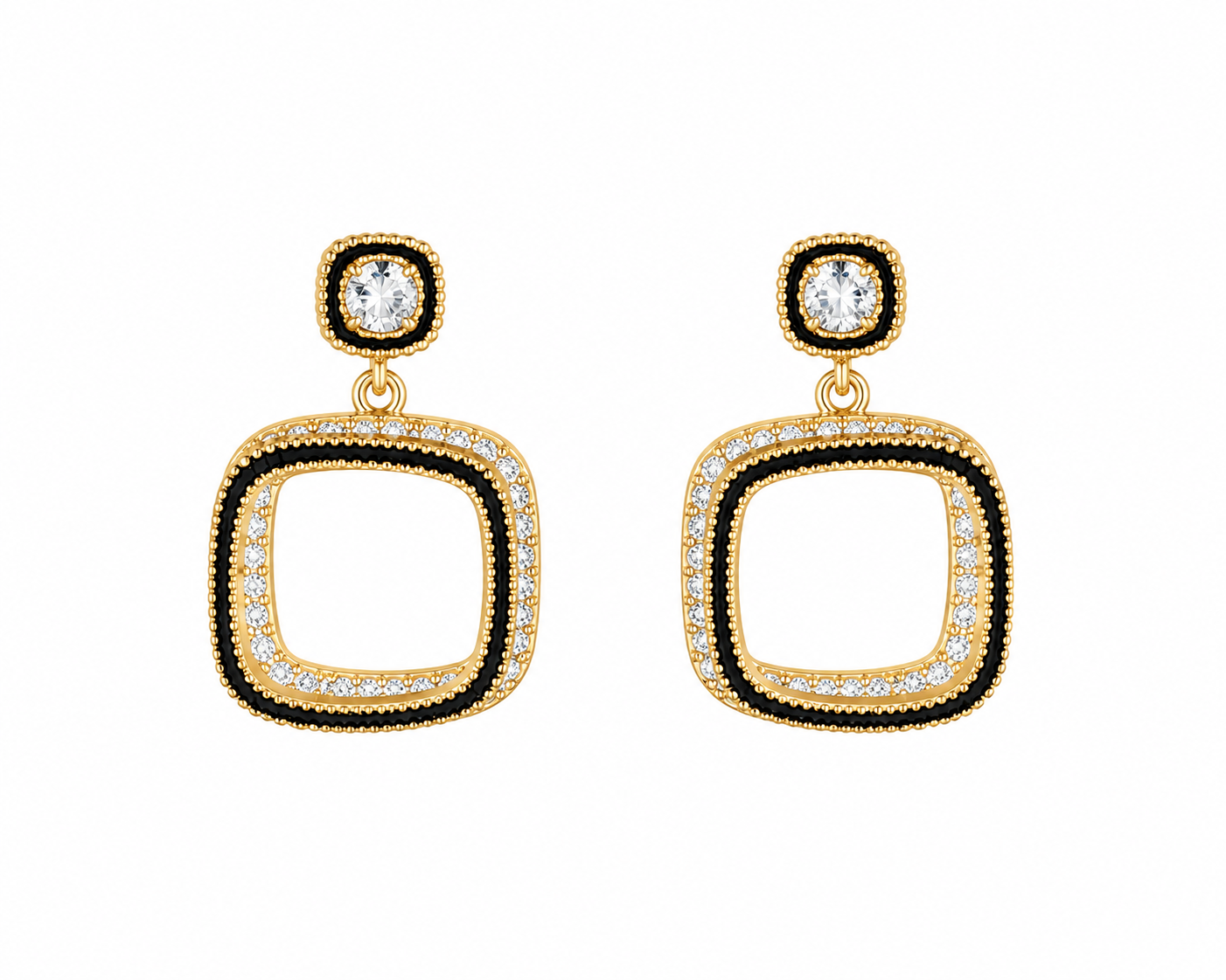 Anti-Tarnish Black & Gold Geometric Drop Earrings with Cubic Zirconia