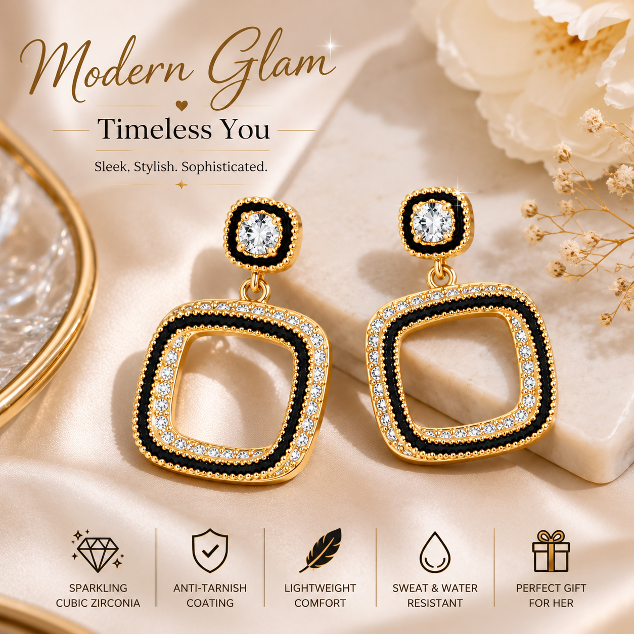 Anti-Tarnish Black & Gold Geometric Drop Earrings with Cubic Zirconia