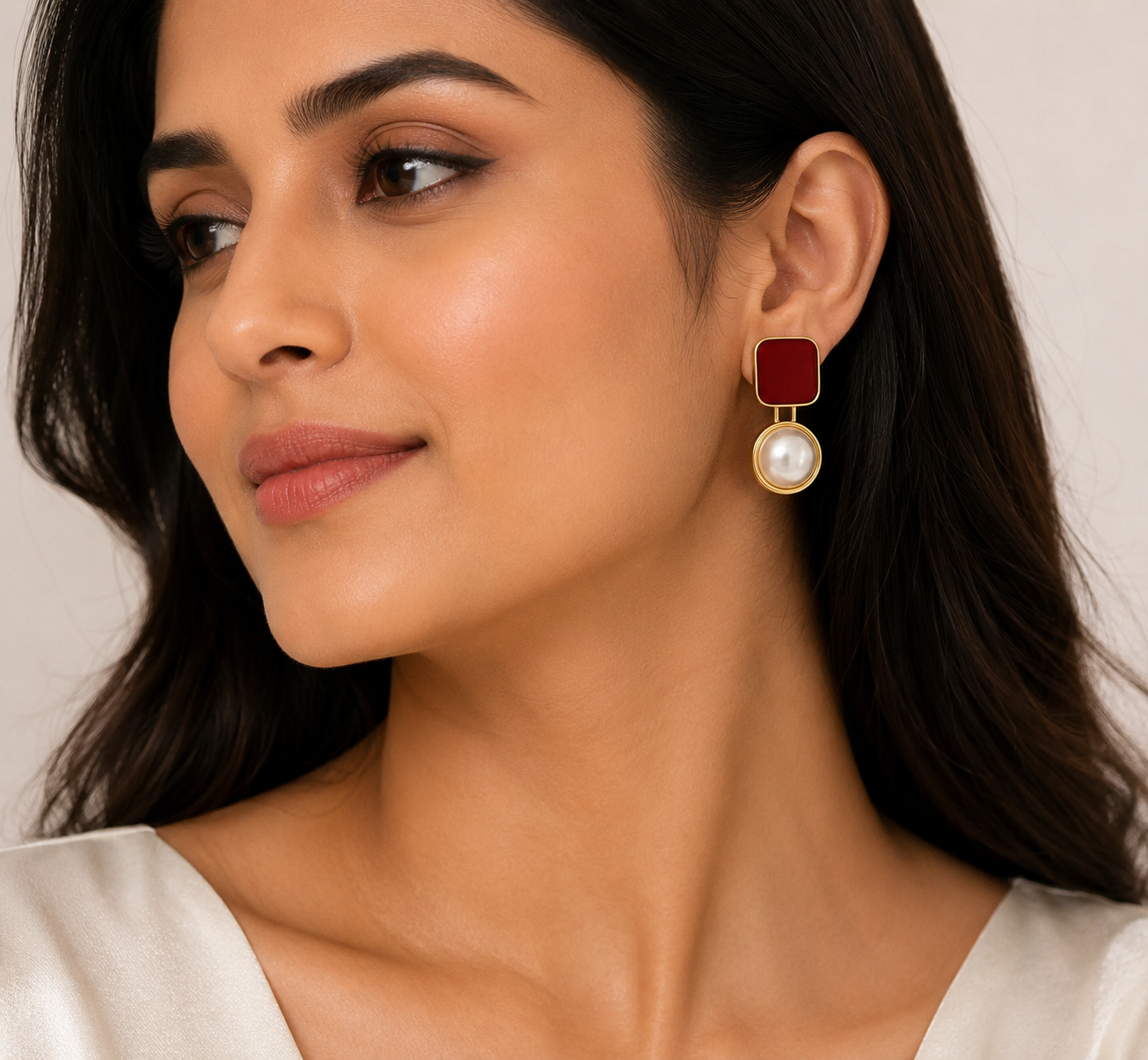 Anti-Tarnish Maroon Enamel Pearl Drop Earrings