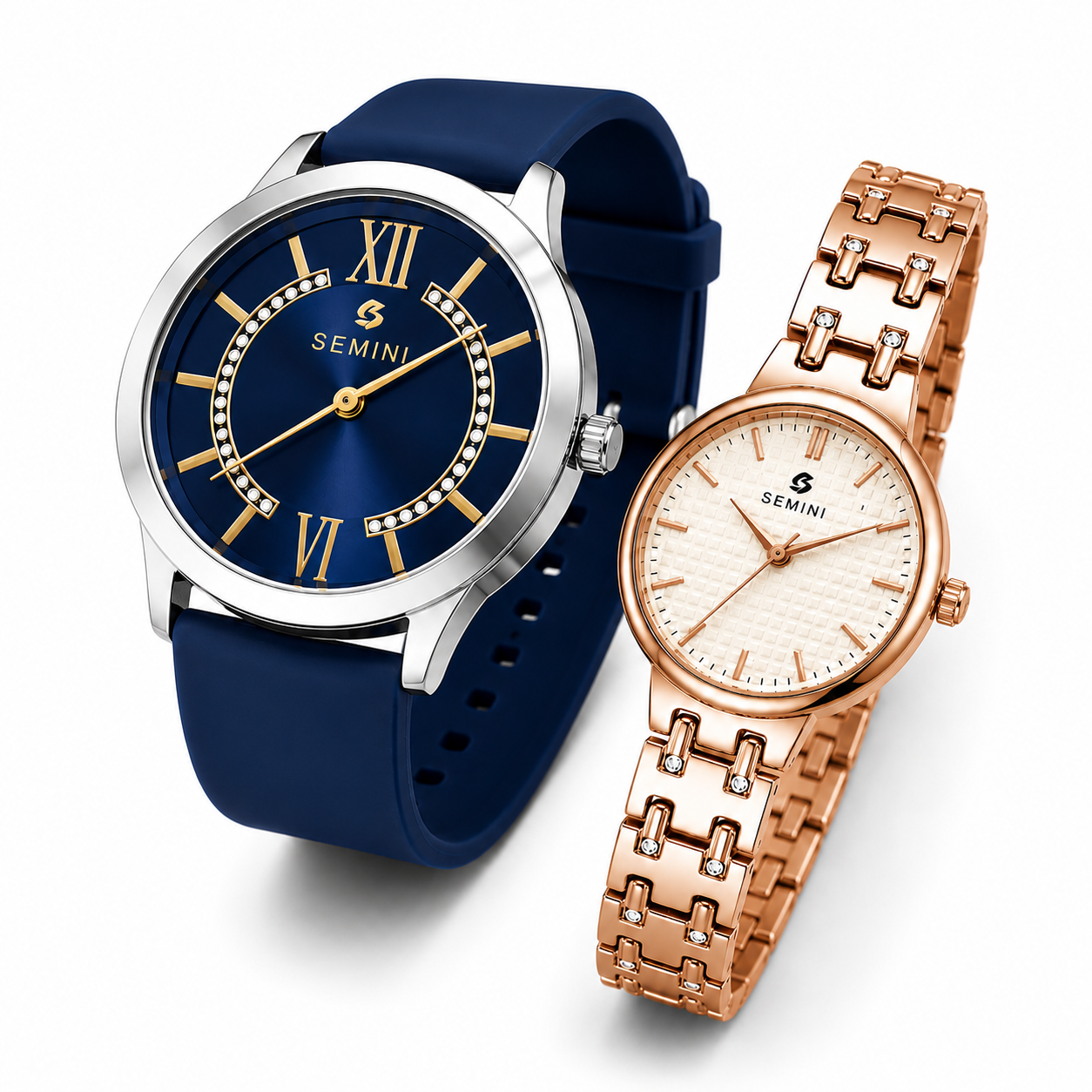 Semini Royal Blue & Semini Rose Gold Premium Couple Watch Combo | Quartz Analog Watches | Gift Set (Pack of 2)