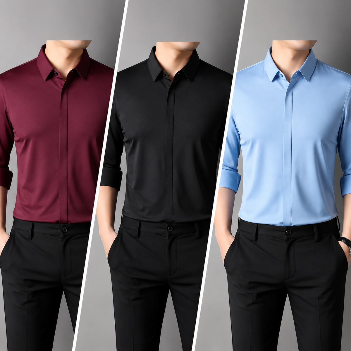 Magbalo® Solid Premium Men's Shirt Combo – Wine, Black & Sky Blue | Pack of 3