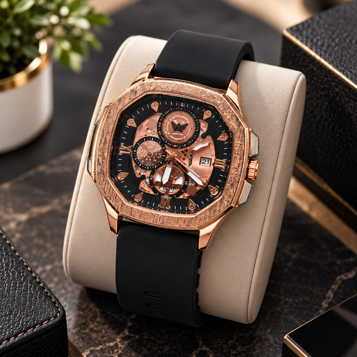 Elite Luxury Rose Gold Skeleton Dial Analog Watch for Men – Black Silicone Strap