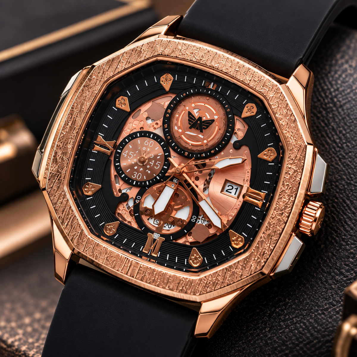 Elite Luxury Rose Gold Skeleton Dial Analog Watch for Men – Black Silicone Strap