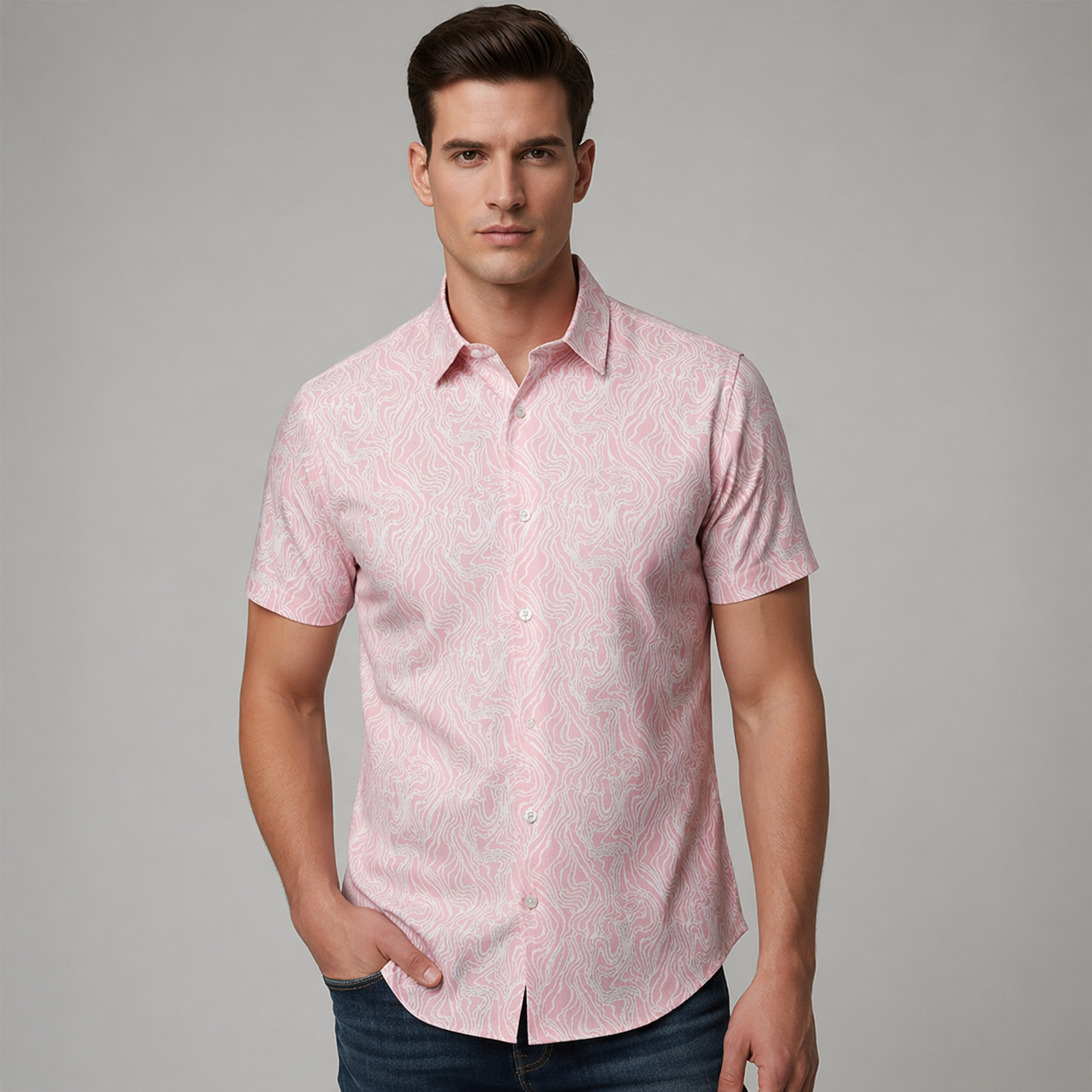 Soft Pink Swirl Printed Half Sleeve Shirt For men