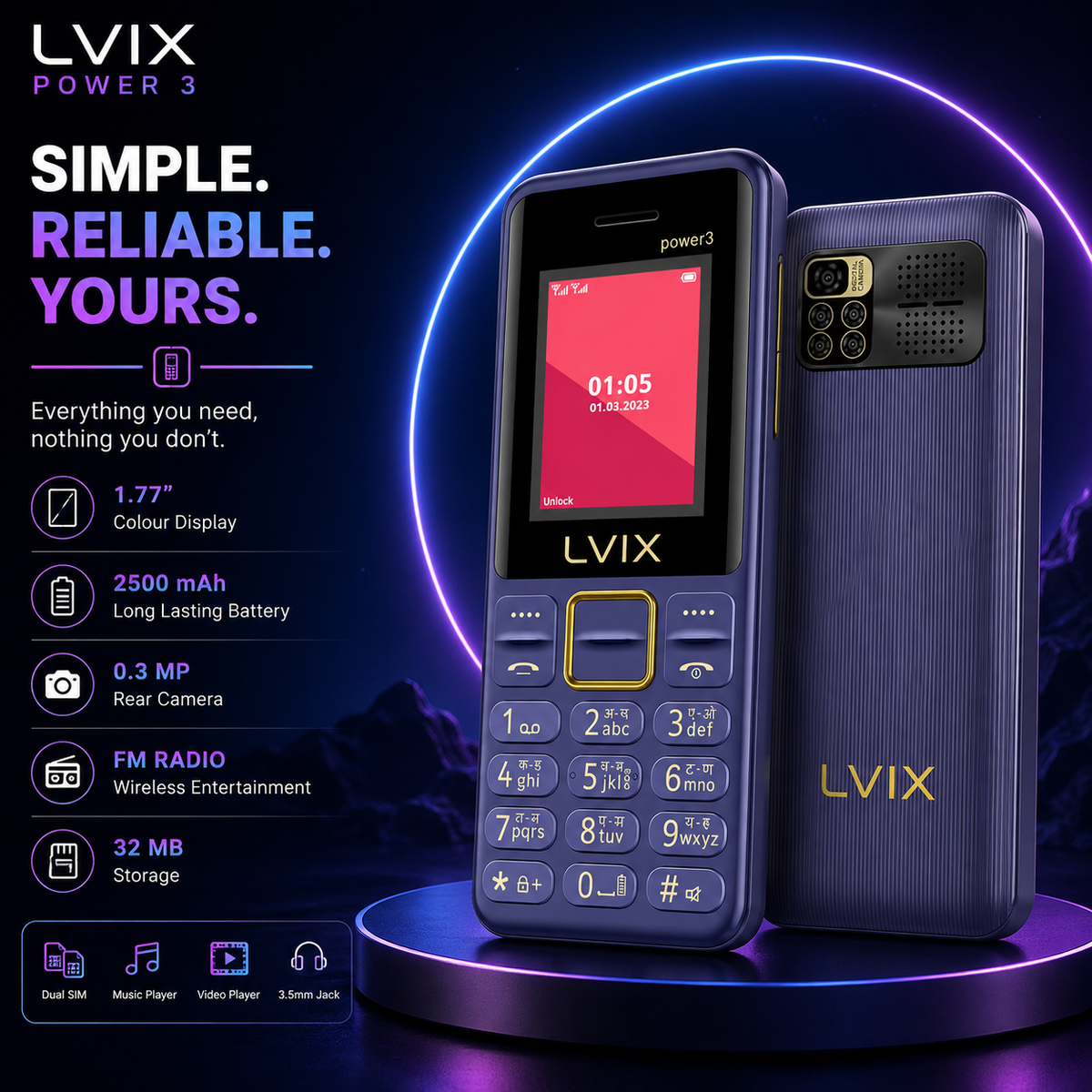 Lvix Power 3 Dual SIM Keypad Mobile with 1.77-inch Display, 2500 mAh Battery, 0.3 MP Camera & FM