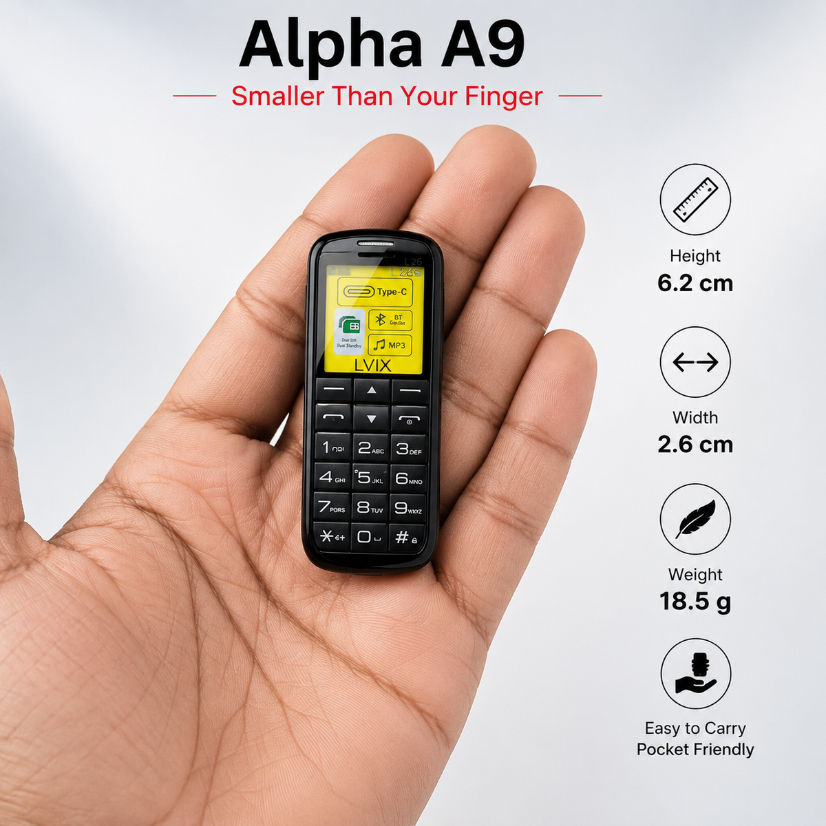LVIX Alpha A9 Mini Keypad Mobile Phone β Ultra Compact Design, Dual SIM, FM & Long-Lasting Battery