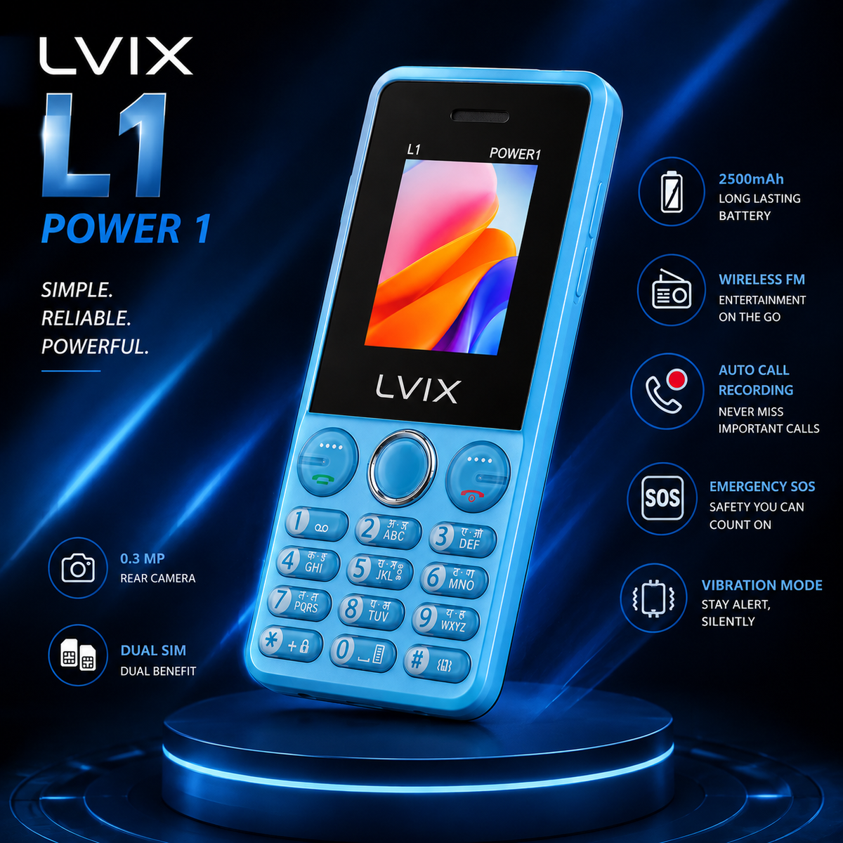 Lvix L1 Power 1 (Sky Blue) Feature Phone with 2500 mAh Battery, Dual SIM & 1.77-inch Display
