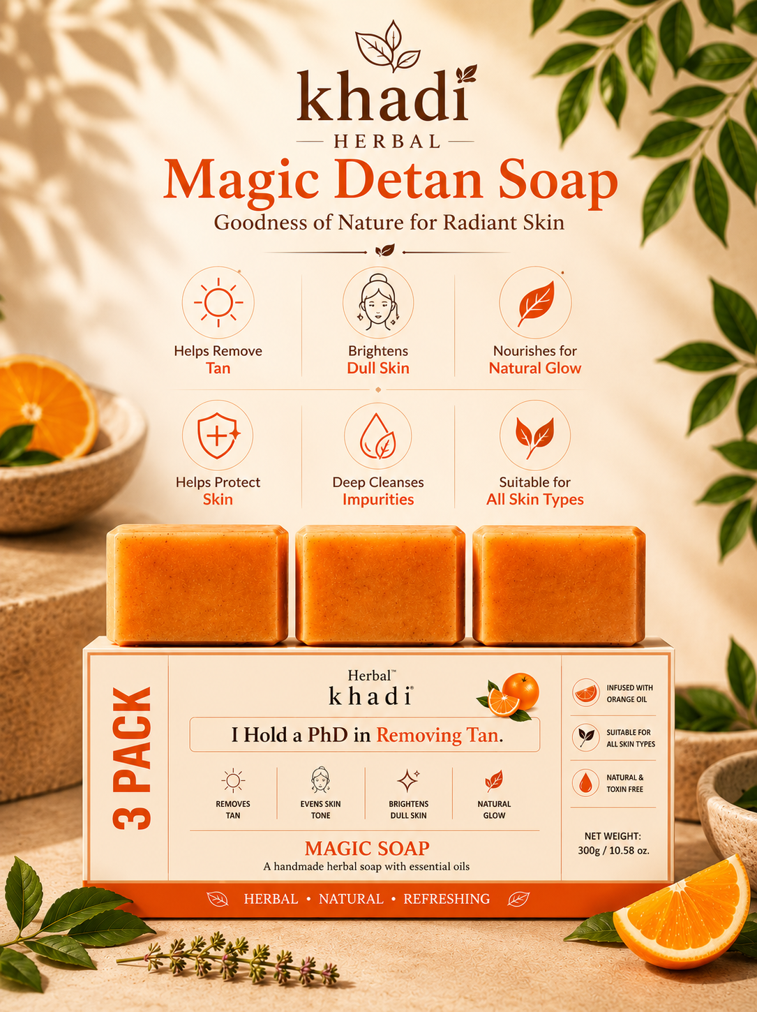 Khadi Herbal Magic Detan Soap – 300g (Pack of 3)