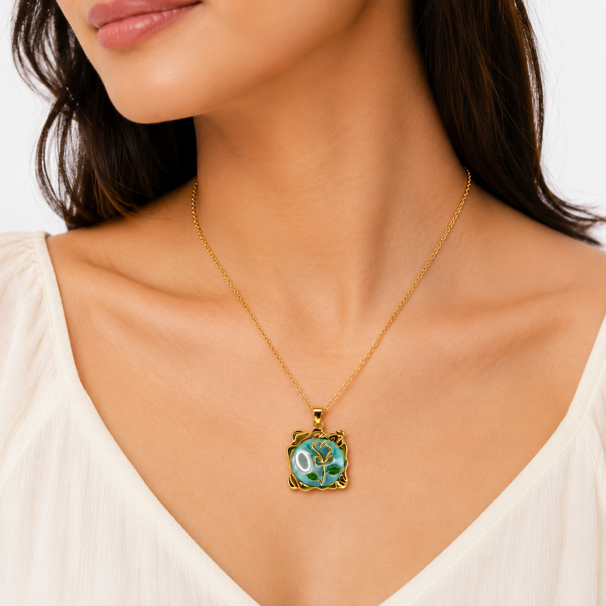 Women's Gold-Plated Floral Pendant Necklace | Green Enamel Rose Design | Anti-Tarnish Chain