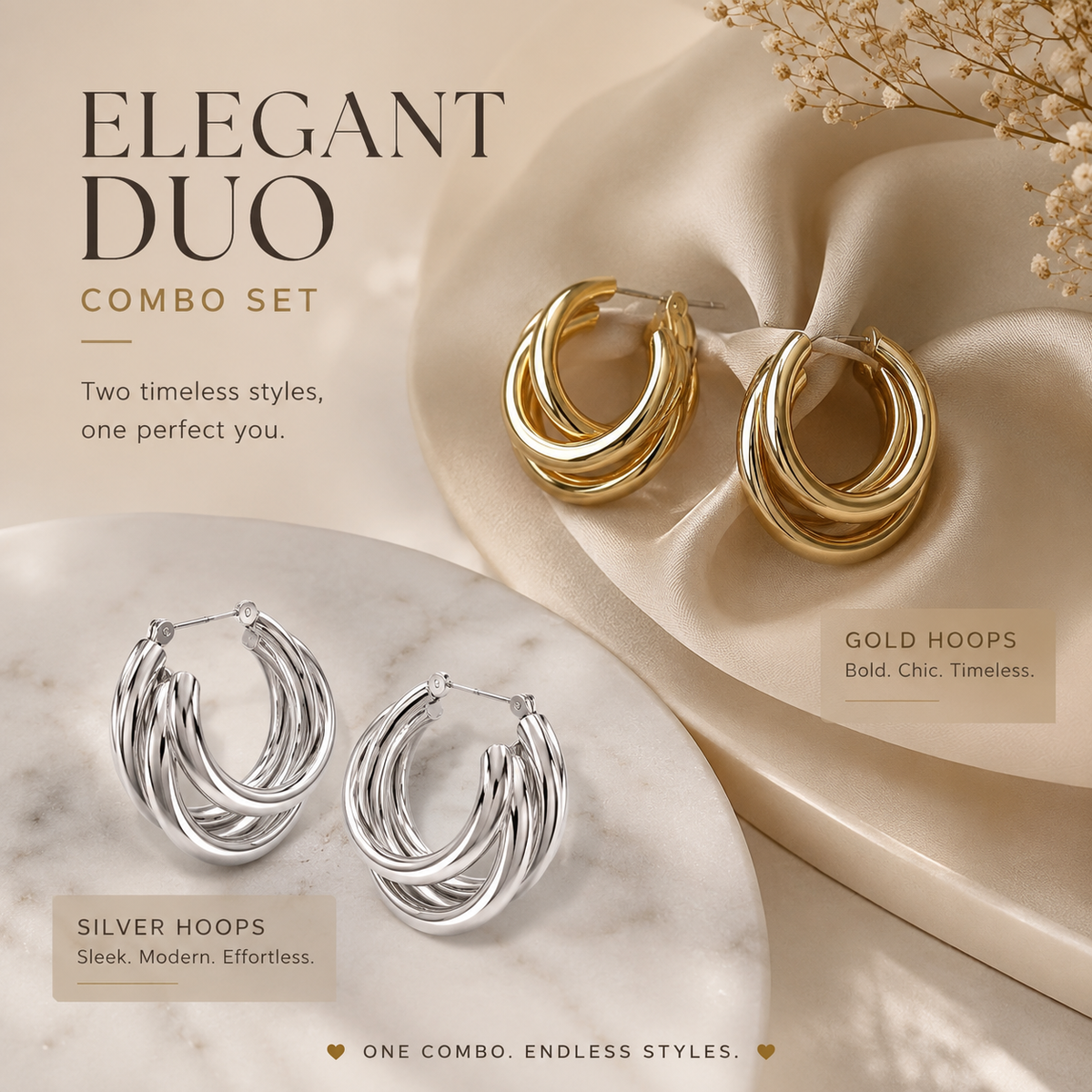 Gold & Silver Needle Plated C-Shaped Multi-Layer Hoop Earrings- Combo