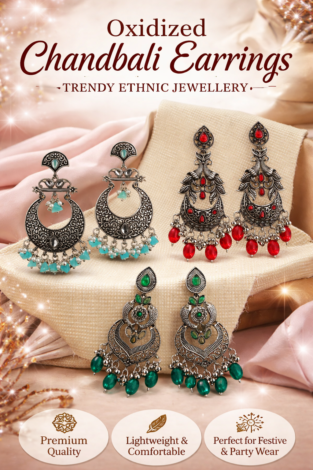 Jazz And Sizzle Set Of 3 Silver Plated Chandbali Earrings Combo For Women
