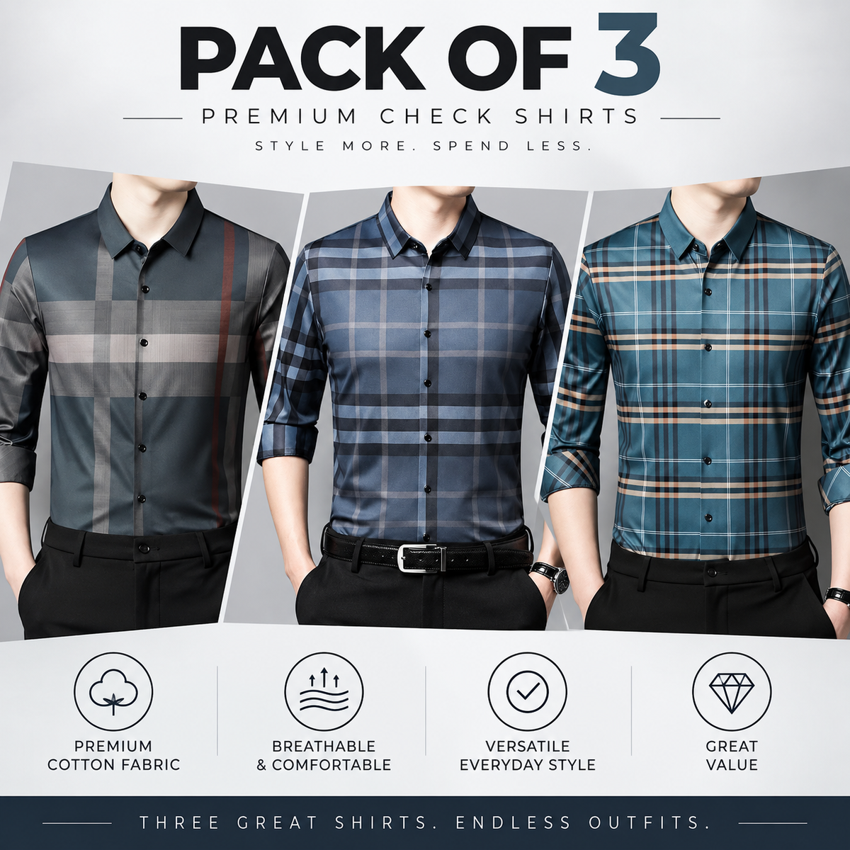 Classic Check Collection – Pack of 3 | Navy Blue + Dark Teal + Black