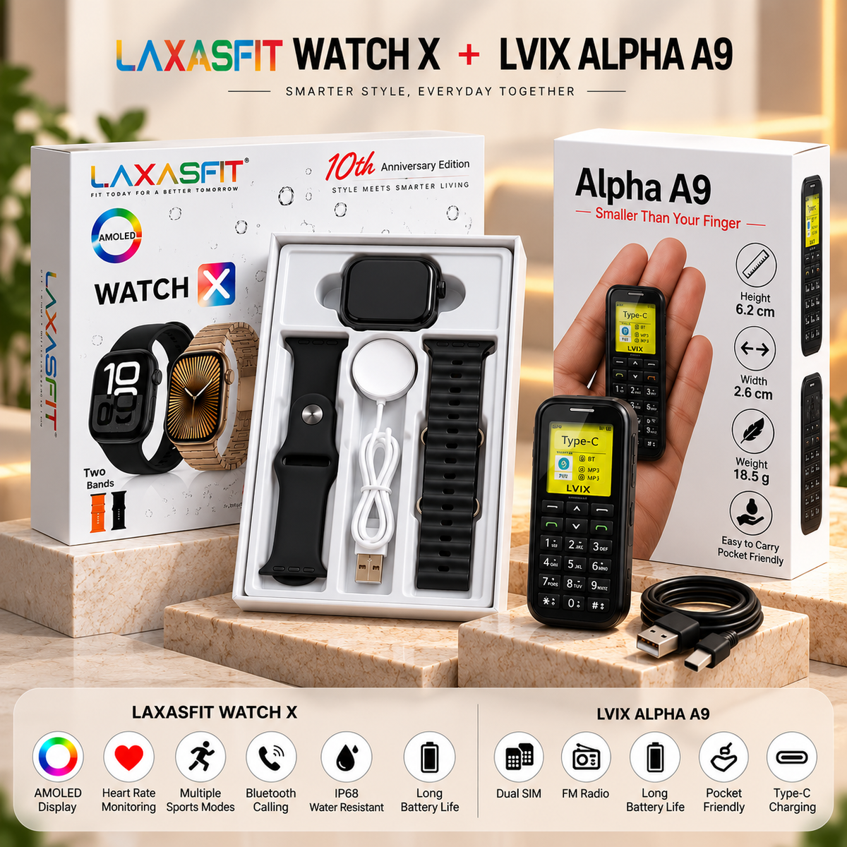 Tech Combo – LVIX Alpha A9 Mini Phone + LAXASFIT Vortex X Smartwatch