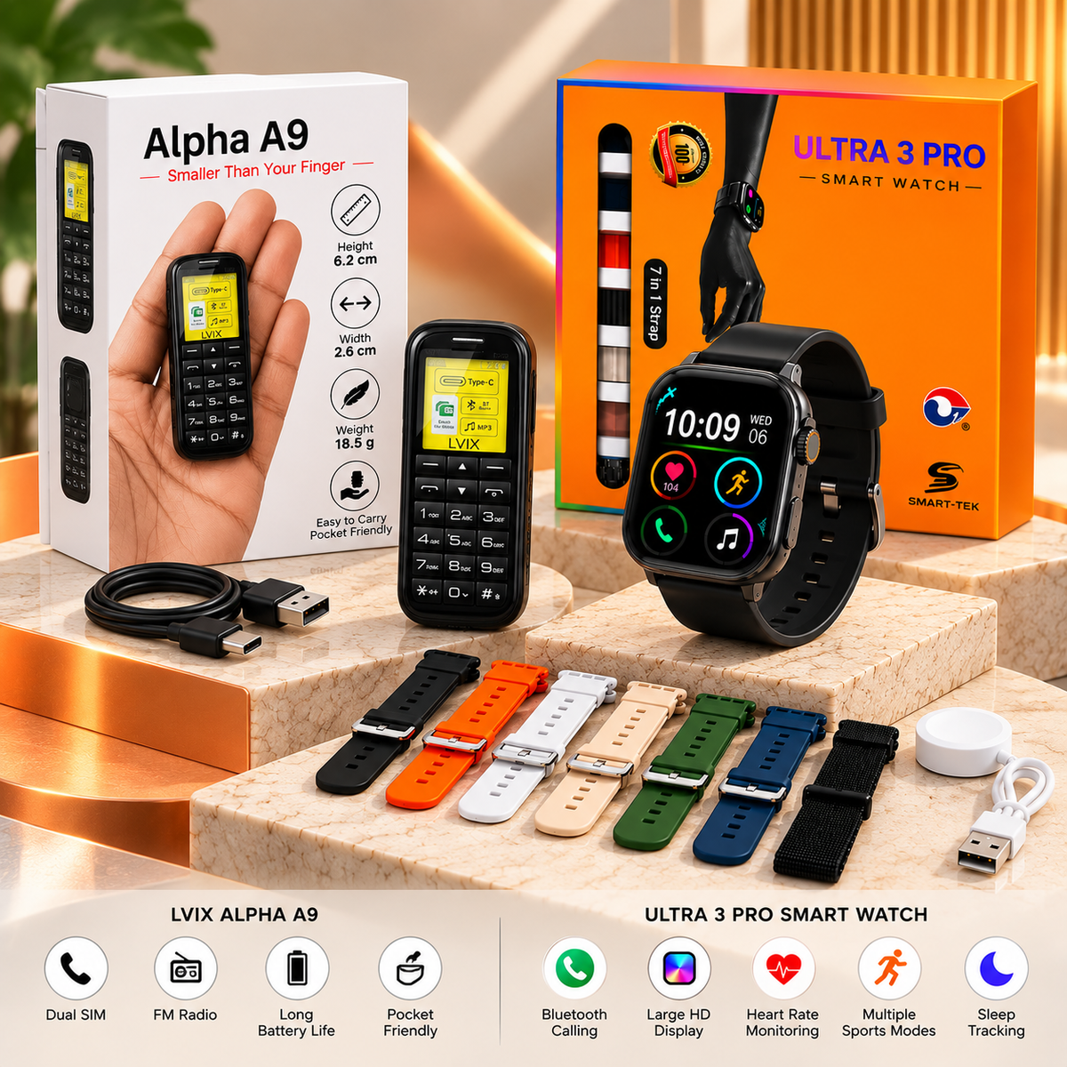 Tech Combo – LVIX Alpha A9 Mini Phone + Ultra 3 Pro Smartwatch