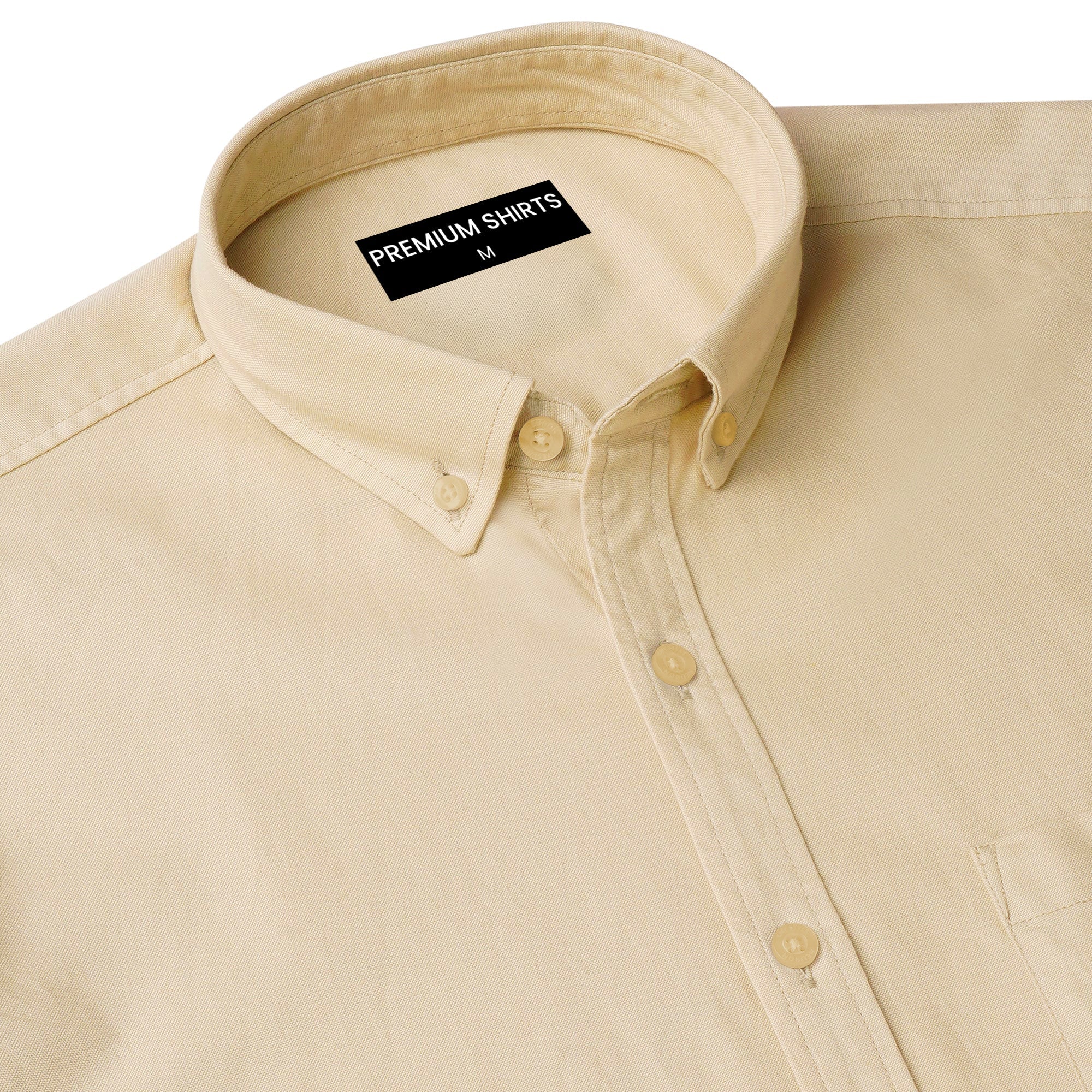 Beige shirt with a 'Premium Shirts' label on a white background