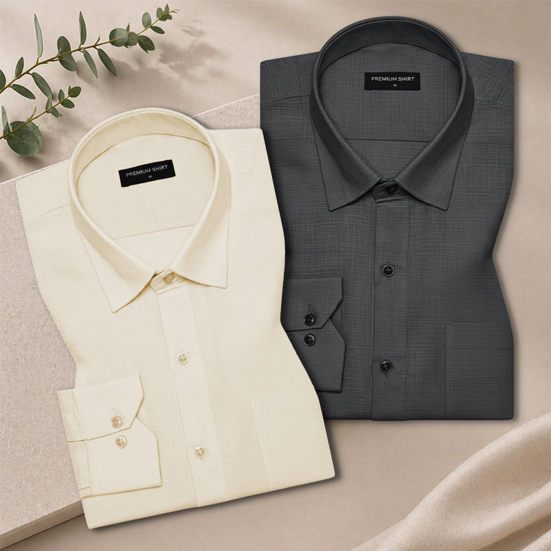 Pack of 2 Cream & Dark Grey Textured Linen Shirt For Men