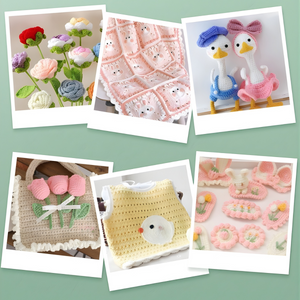Collage of Various Crocheted items including Flowers, a Blanket and Toys - Tinyminymo