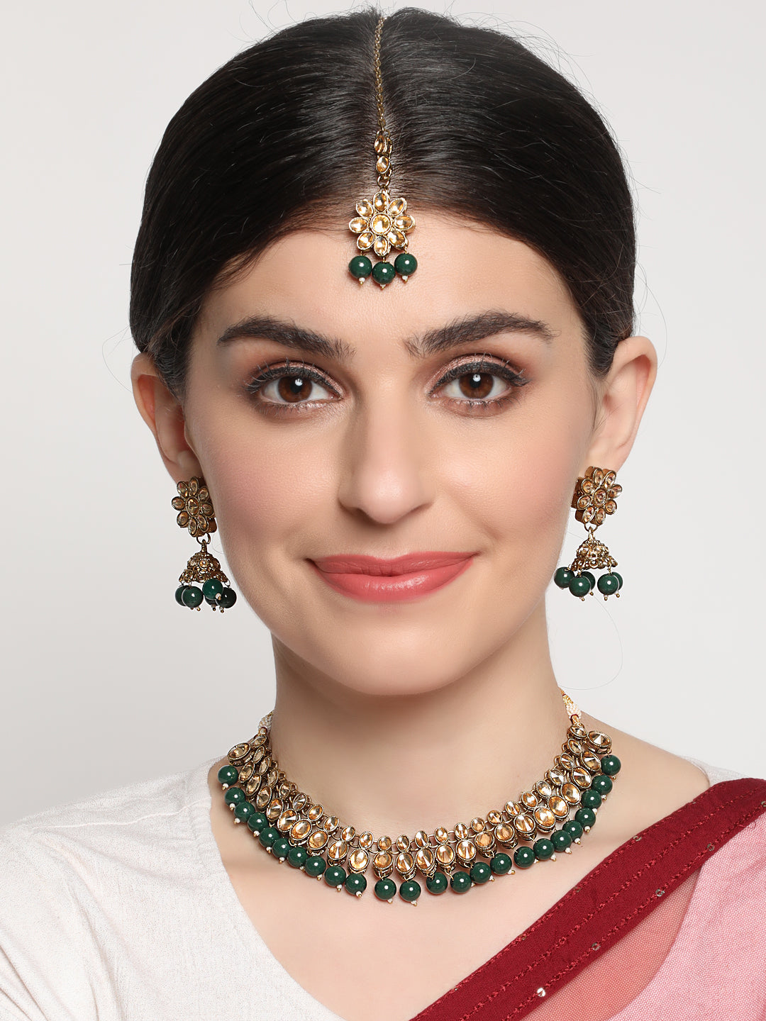 Green Kundan Stones Gold Plated Choker Set with MaangTikka - Jazzandsizzle
