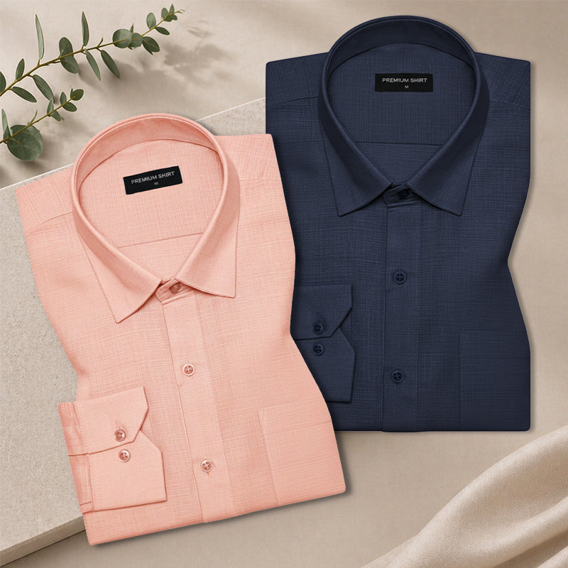 Pack of 2 Dark Blue & Rose Gold Textured Linen Shirt For Men