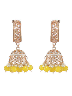Rose-Gold Plated AD Studded Yellow & White Beaded Jhumka Earrings - Jazzandsizzle