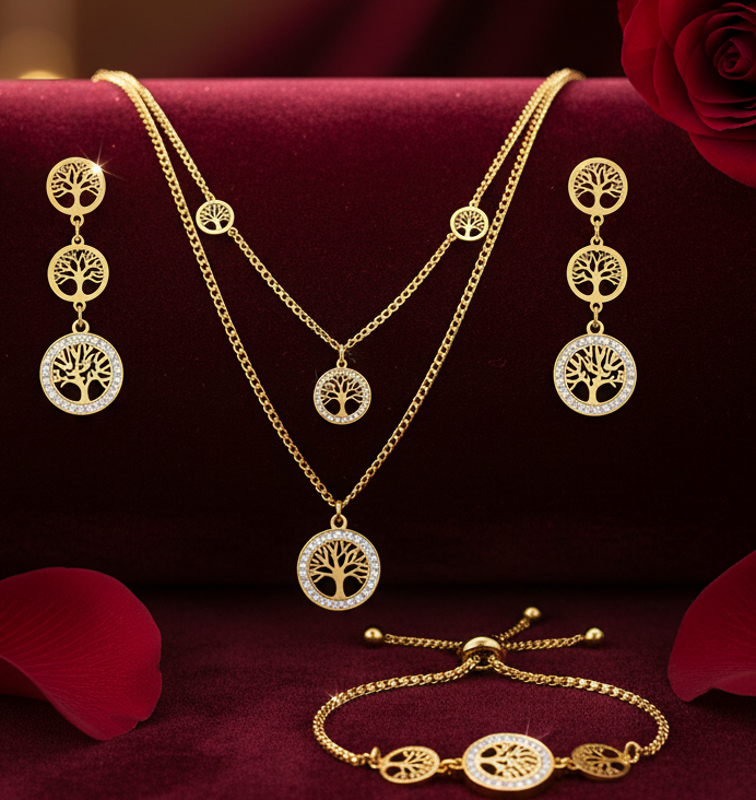 Jazz and Sizzle Gold Finish Tree of Life Combo Set – Necklace, Earrings & Bracelet
