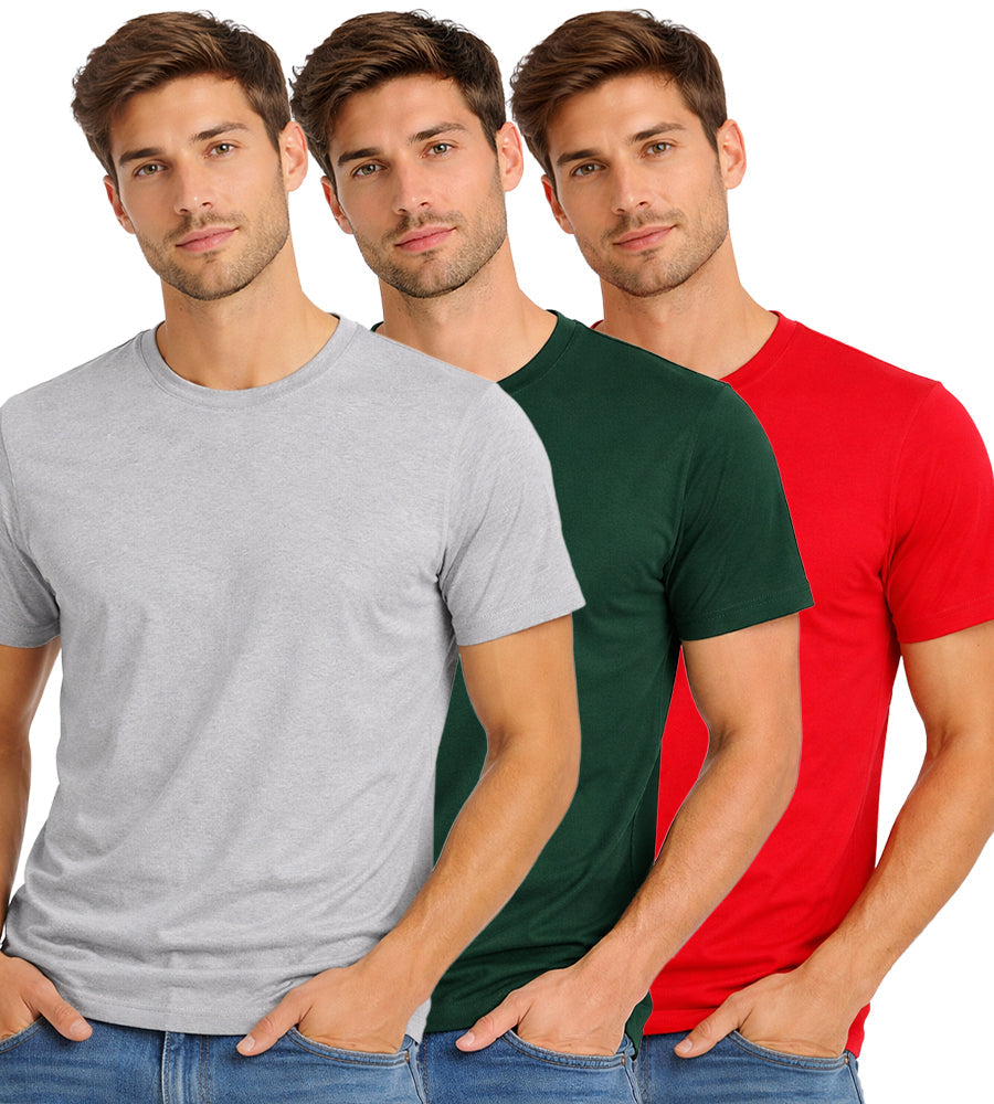Grey, Bottle Green & Red Round Neck Plain T-shirt Pack of 3