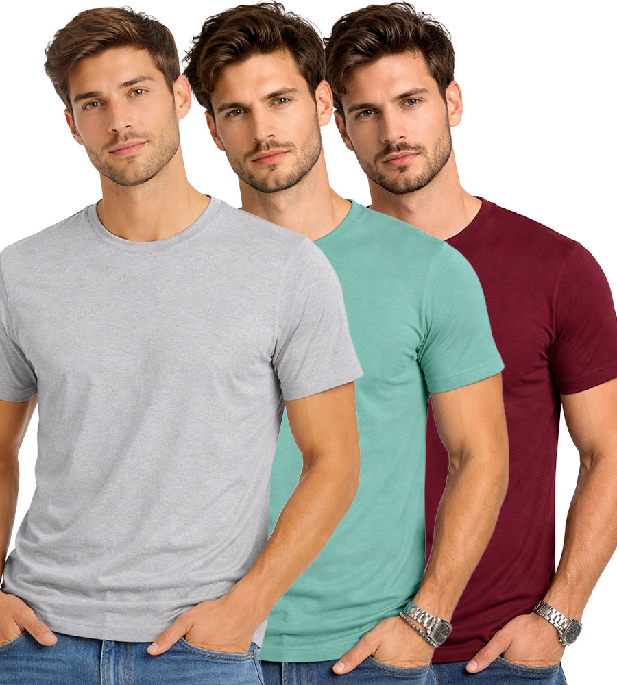 Grey, Sea Green & Maroon Round Neck Plain T-shirt Pack of 3