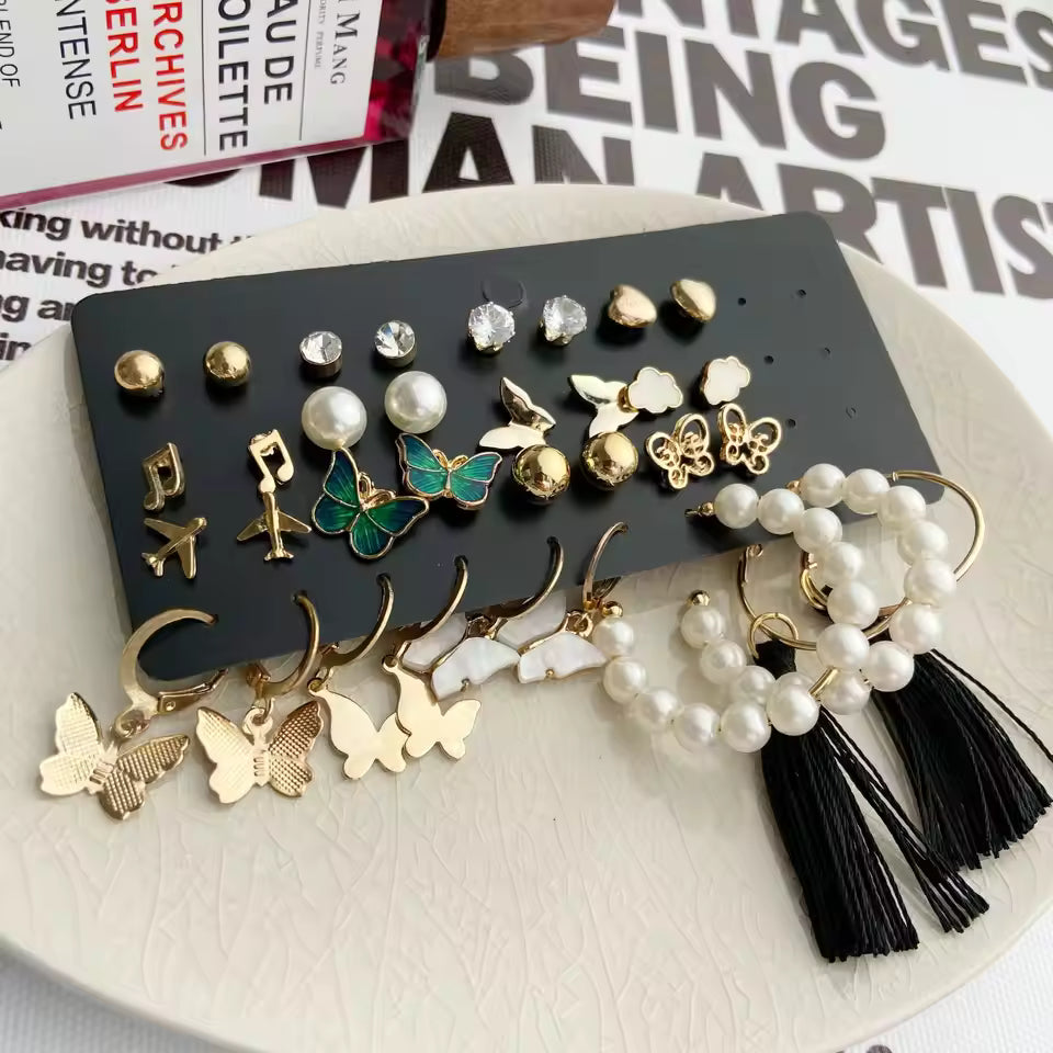 Set of 17 Bohemian Long Tassel Drop Statement Earrings and Studs for Gen-z| College Girl|Women