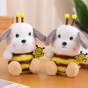 Two Honey Bee Cosplay Puppy Soft Toys in Bee Costume on a Wooden Surface - Tinyminymo