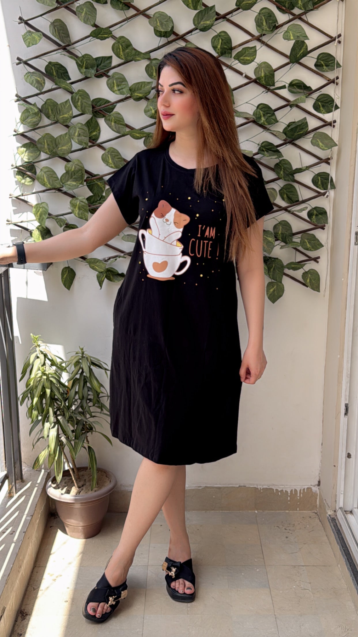 Cotton Chest Quote print Knee Length Night Dress (MM-3101-6)