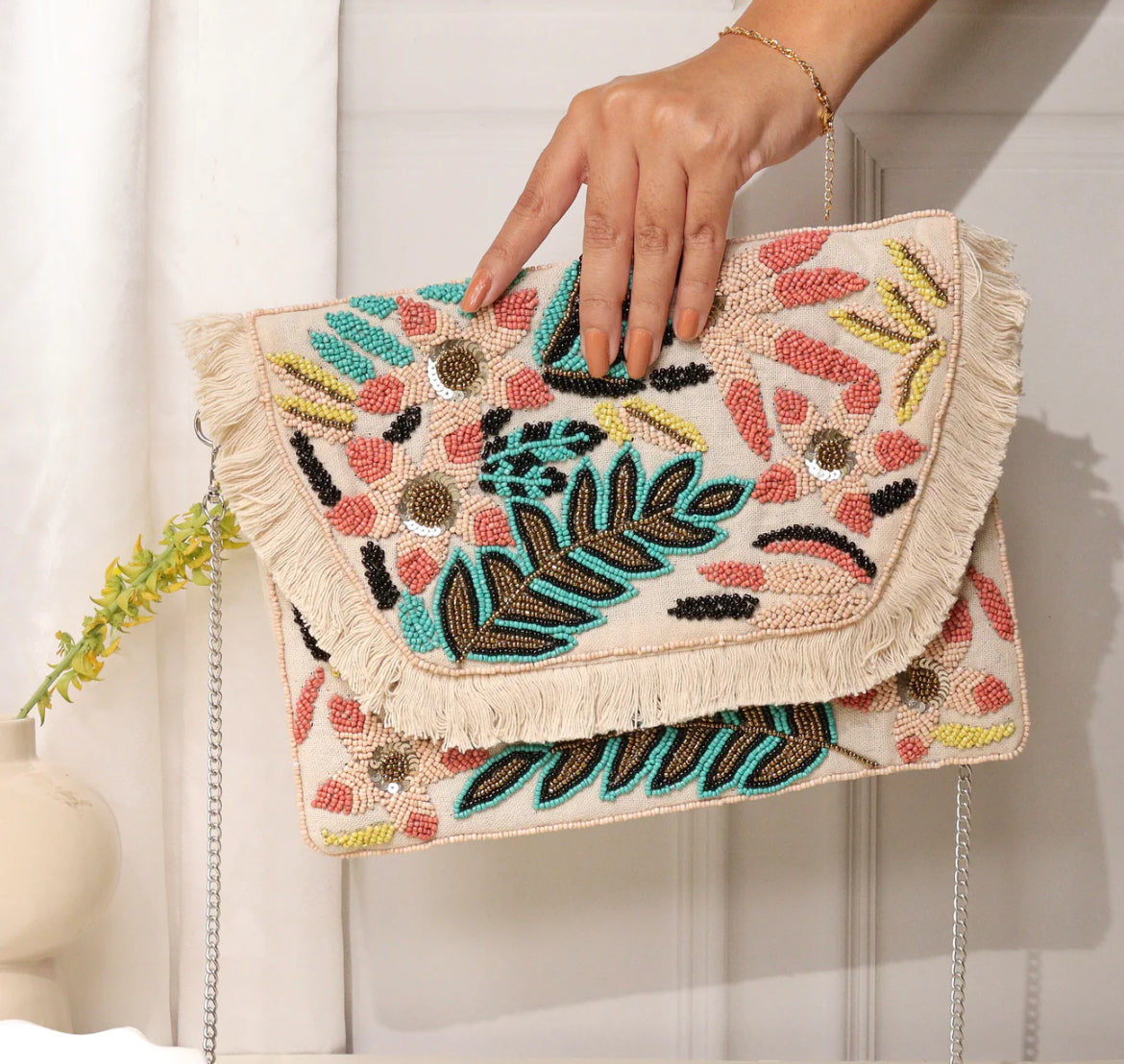 White Lily Boho Hand Embroidered Ethnic Sling Bag for Women