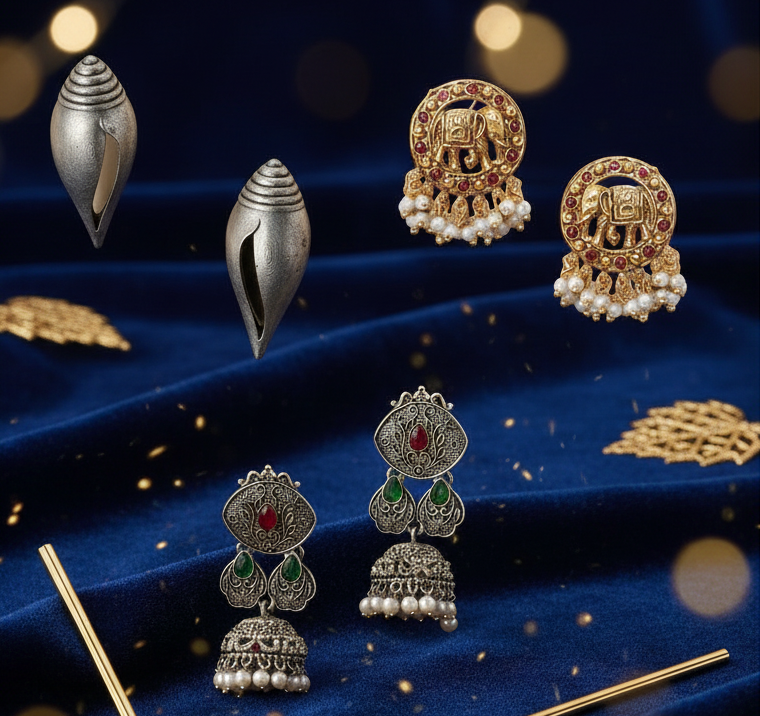 Jazz And Sizzle Set Of 3 Oxidized & Gold Plated Shell, Elephant & Floral Earrings Combo
