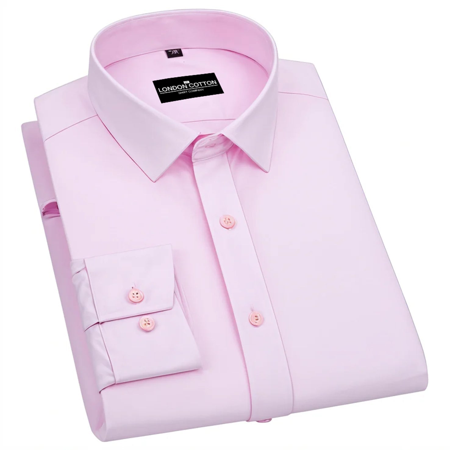 Folded pink dress shirt with a London Cotton label on a white background