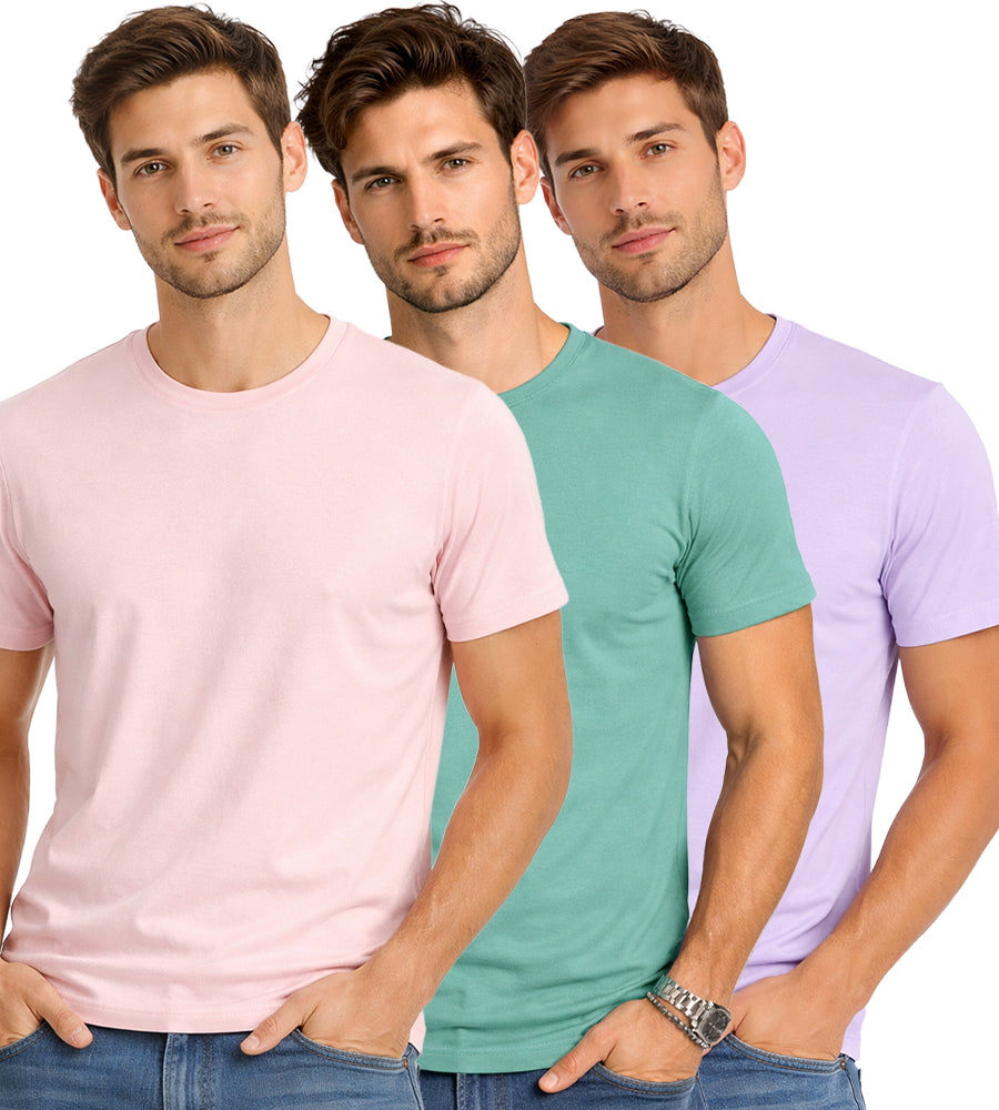 Light Pink, Sea Green & Lilac Round Neck Plain T-shirt Pack of 3