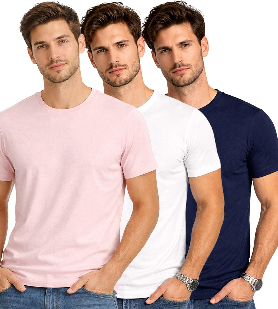 Light Pink, White & Navy Blue Round Neck Plain T-shirt Pack of 3