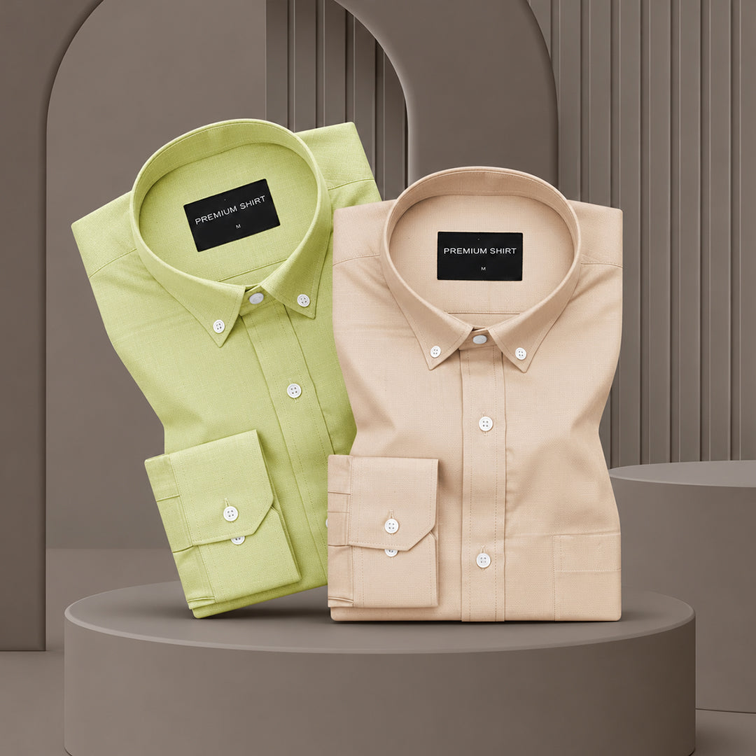 Pack of 2 Oxford Cotton Shirt For Men (Lime Green & Cream)