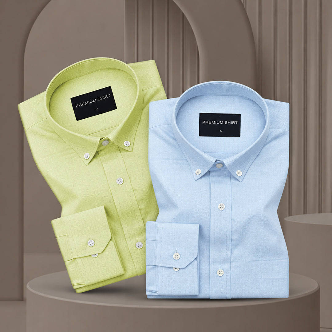 Pack of 2 Oxford Cotton Shirt For Men (Lime Green & Sky Blue)