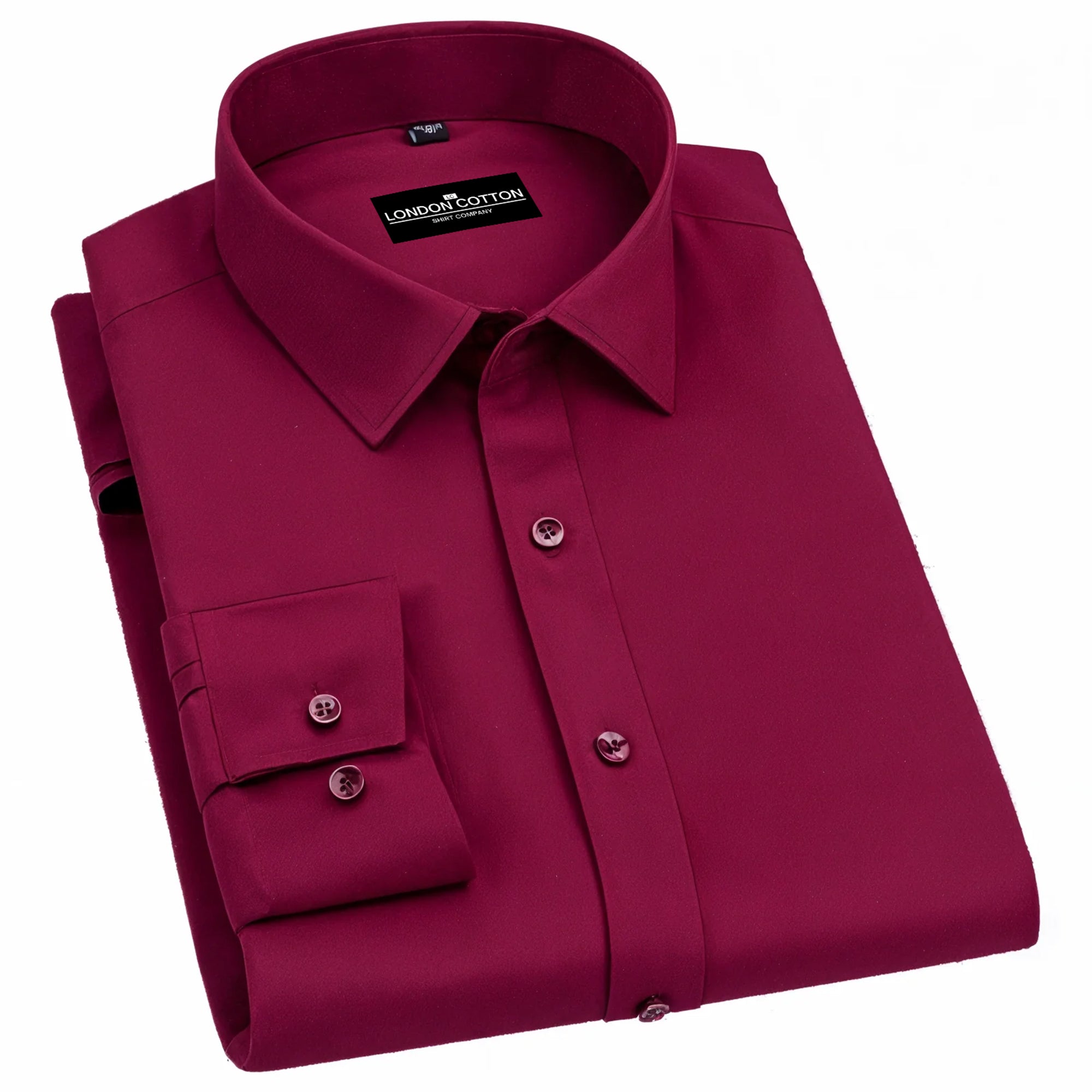 Folded magenta dress shirt with a visible brand label on a white background