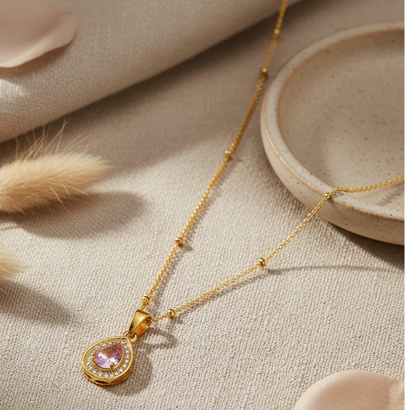 Jazz And Sizzle Pink Aura Gold-Plated Drop Pendant Necklace Chain