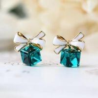 Elegant White Bow & Green Crystal Earrings for Women