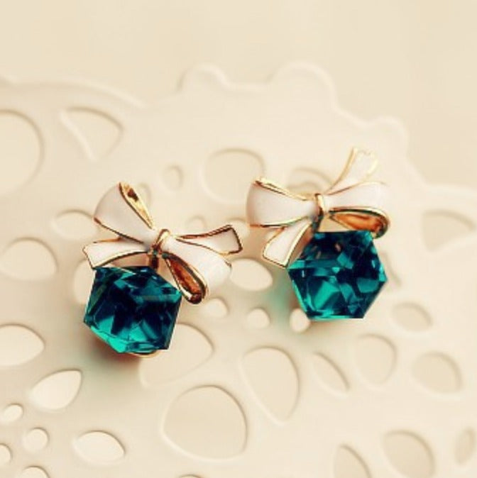 Elegant White Bow & Green Crystal Earrings for Women